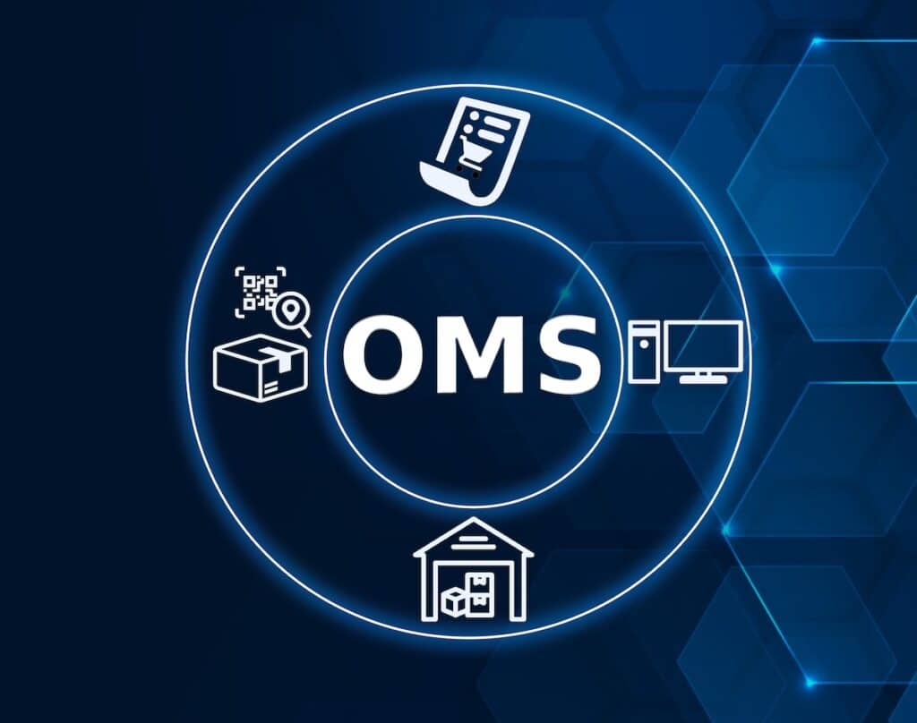 OMS in the middle of a circle surounded by order fulfillment icons: tracking, warehouse picking, computer, and order