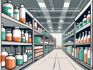 A pharmaceutical warehouse with shelves filled with medicine bottles and boxes