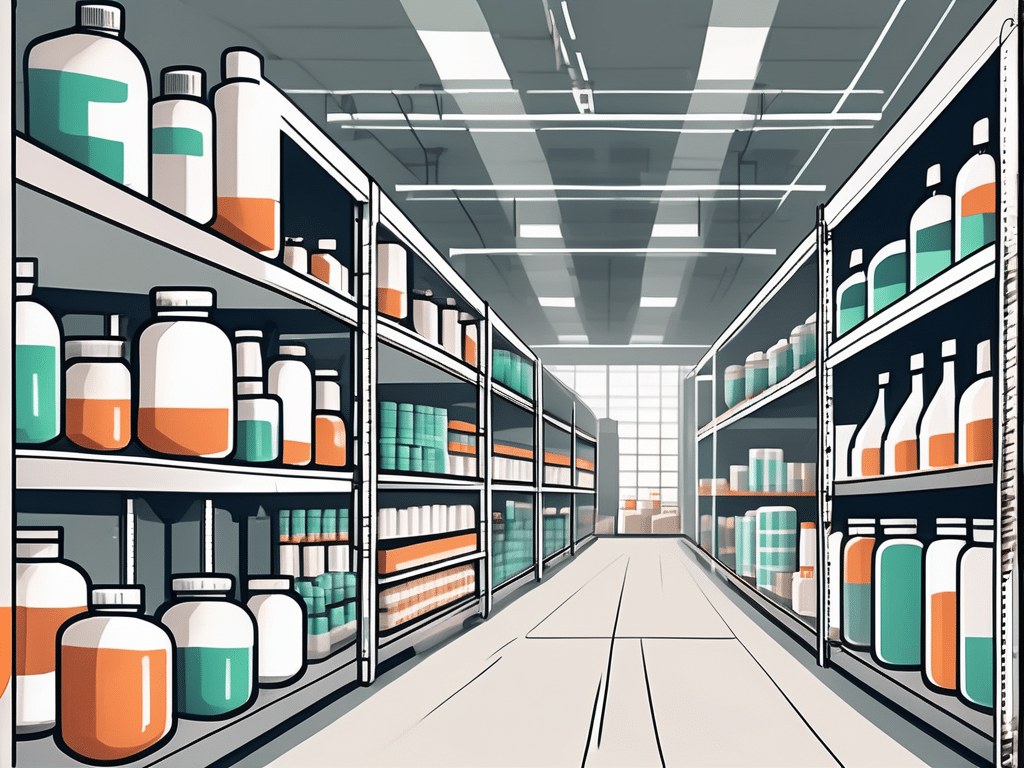A pharmaceutical warehouse with shelves filled with medicine bottles and boxes