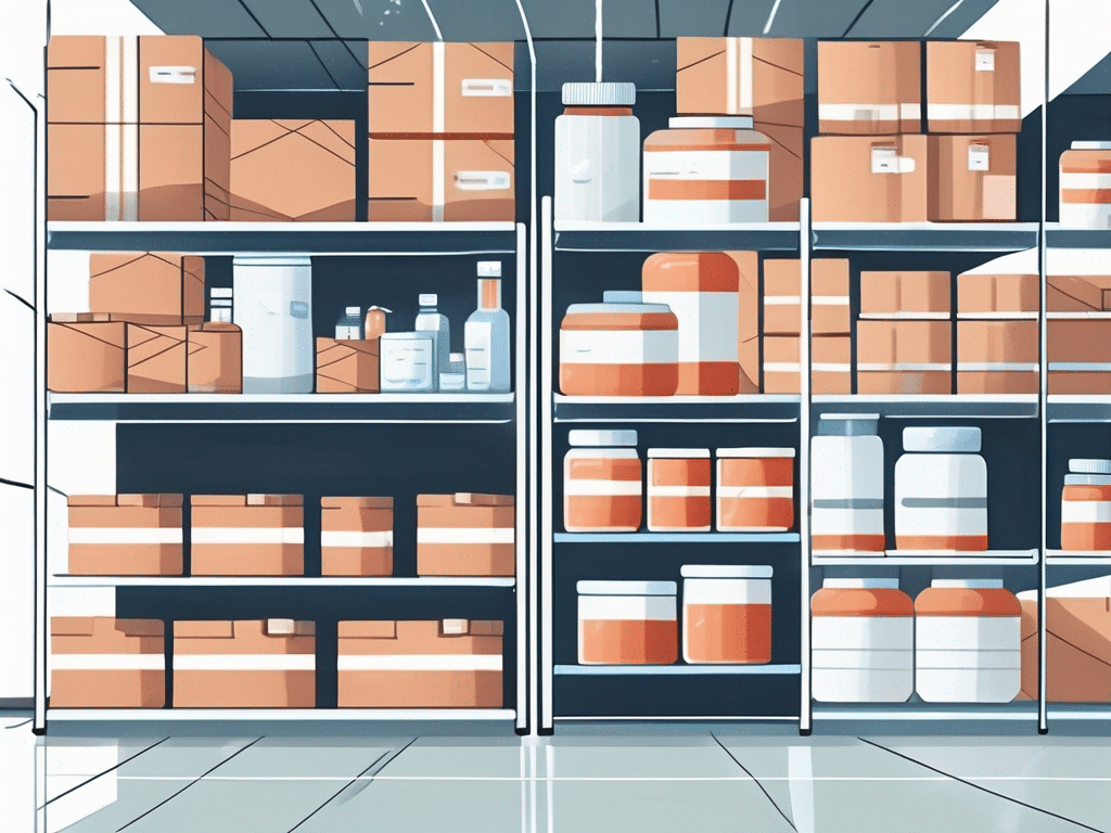 A modern pharmaceutical warehouse with organized shelves filled with medicine boxes