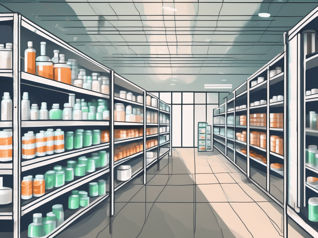 A pharmaceutical warehouse with shelves stocked with medicine boxes