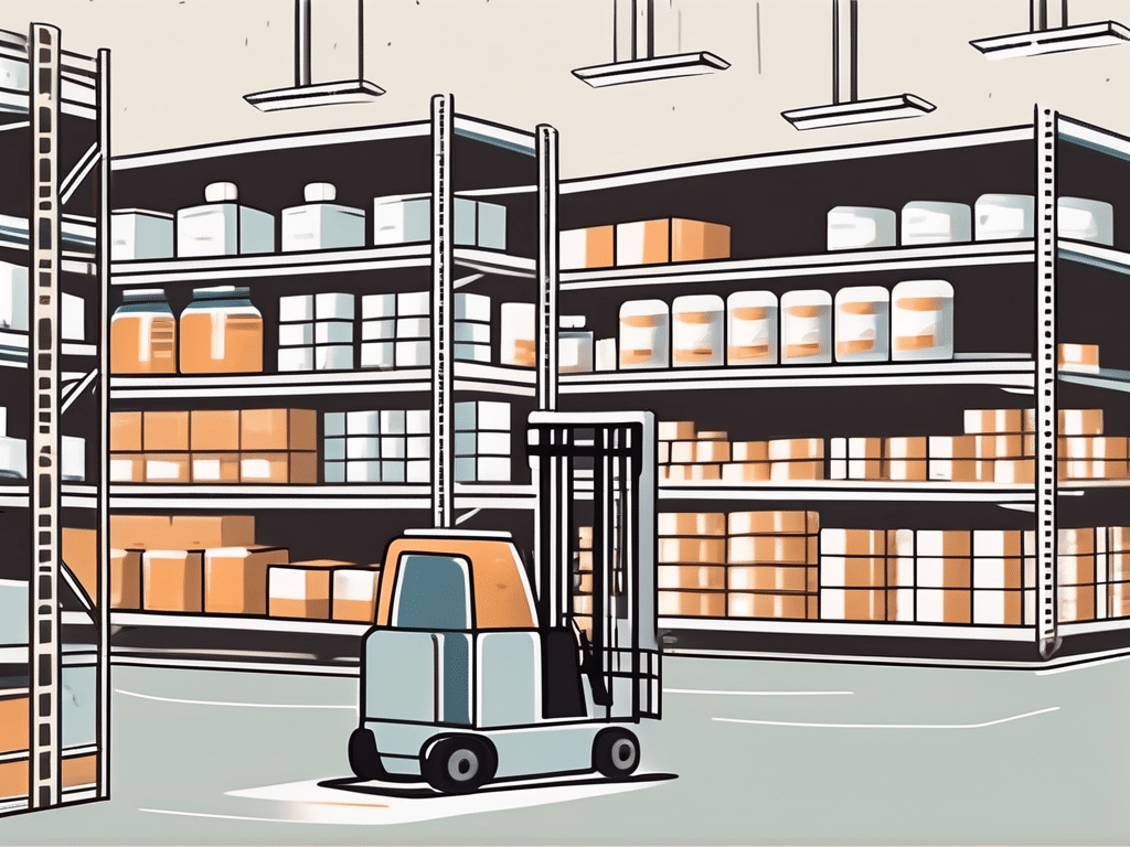 A clean and organized warehouse with clearly labeled shelves filled with pharmaceutical products