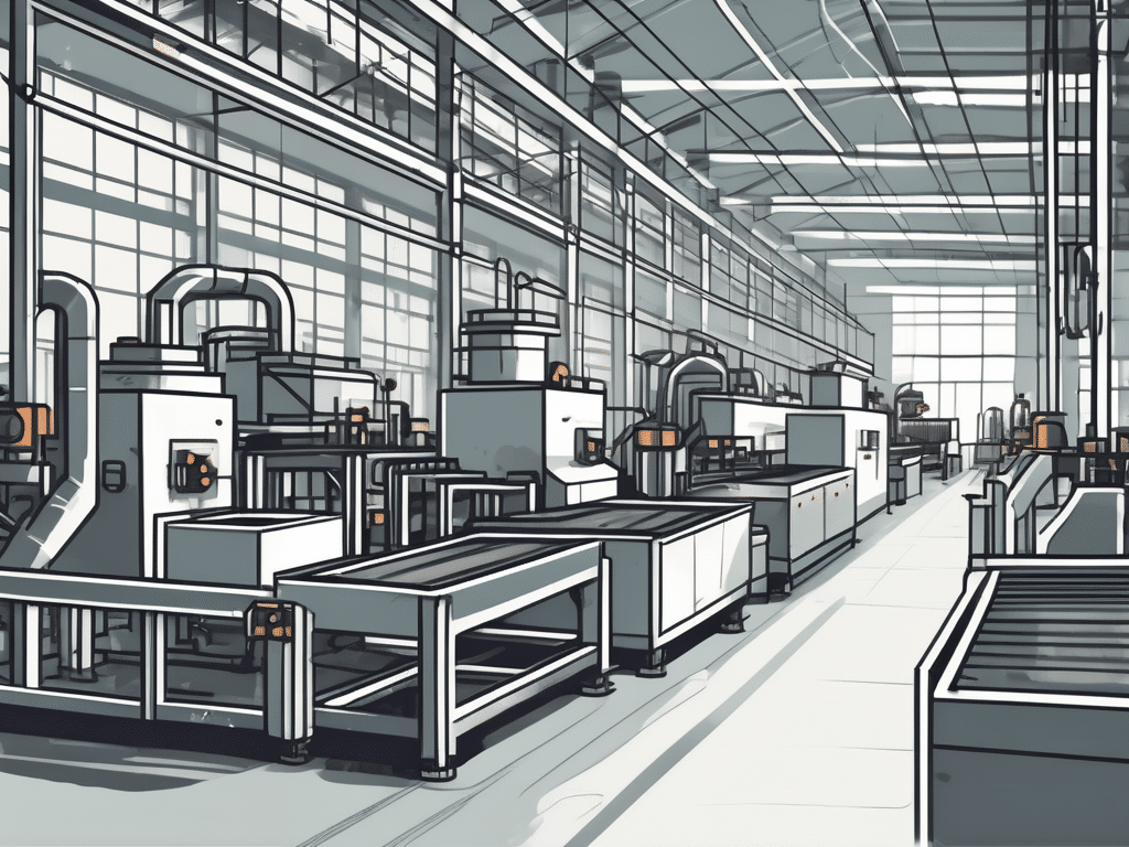 A bustling factory floor with various machines and conveyor belts