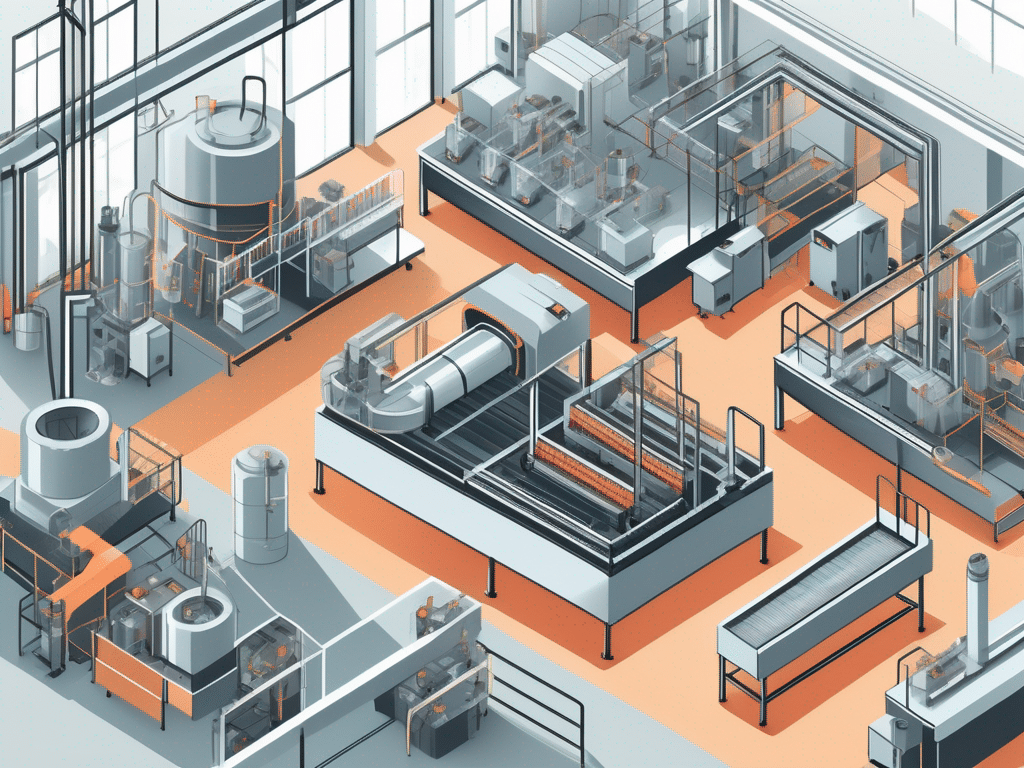 A modern factory floor with various automated machines and conveyor belts