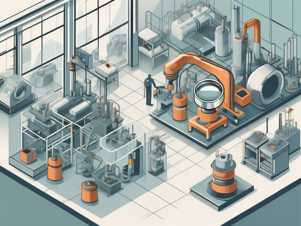 A factory shop floor with various high-tech machinery and tools