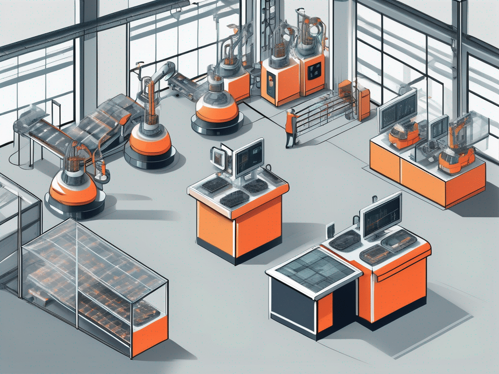 A high-tech manufacturing floor with various automated machines