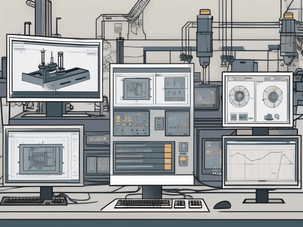 A computer screen displaying a variety of shop floor control software interfaces