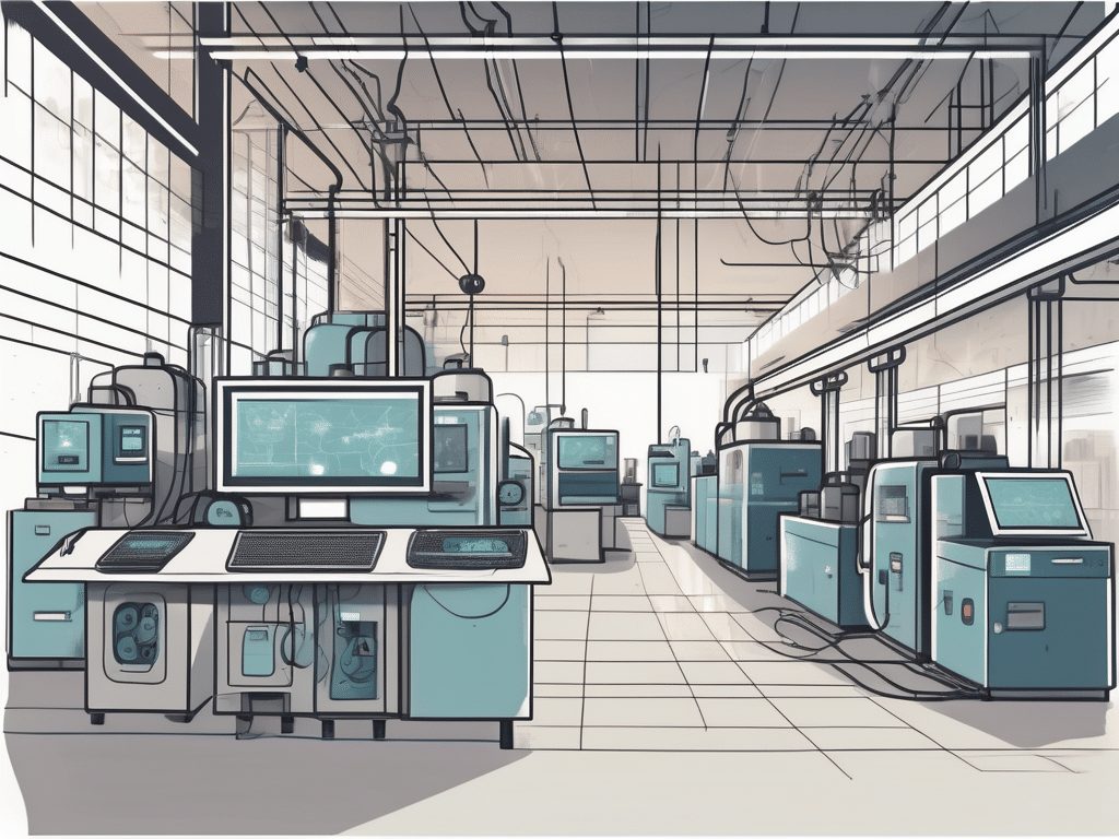 A factory shop floor with various machines connected through a digital network