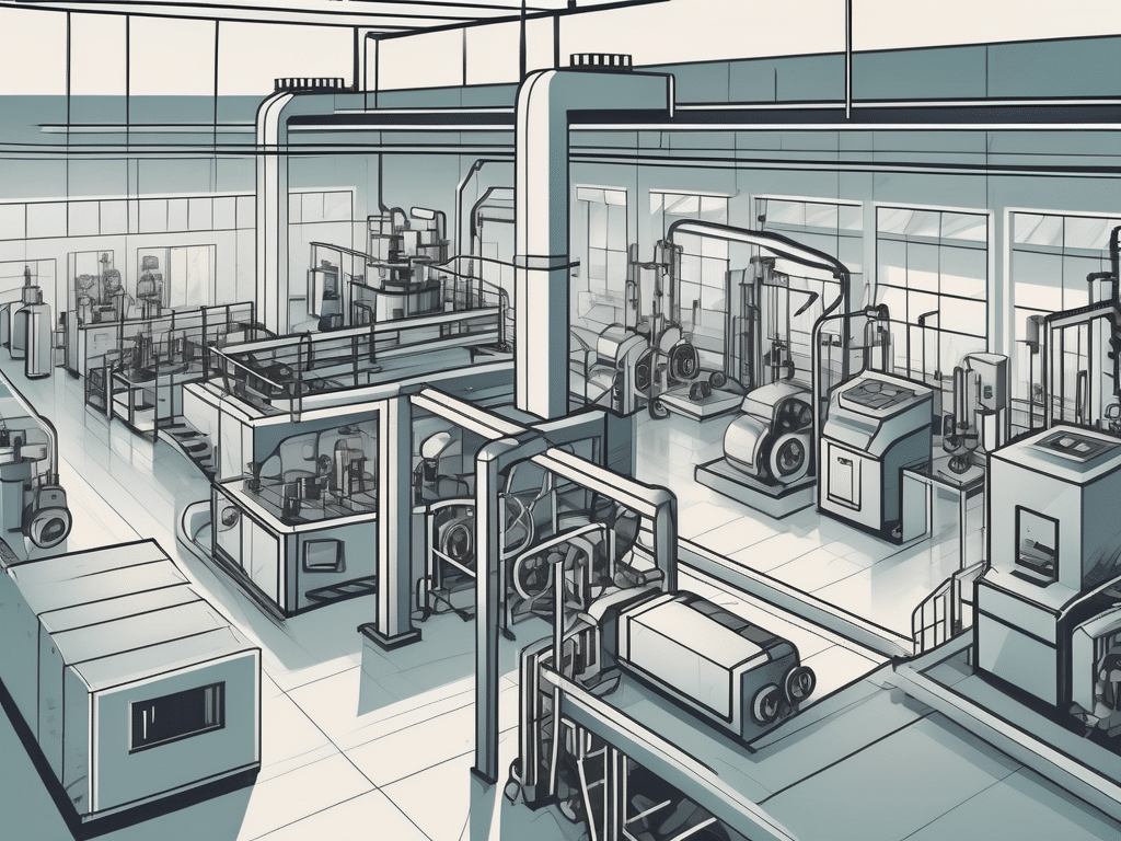 A modern factory floor with various automated machines and control panels