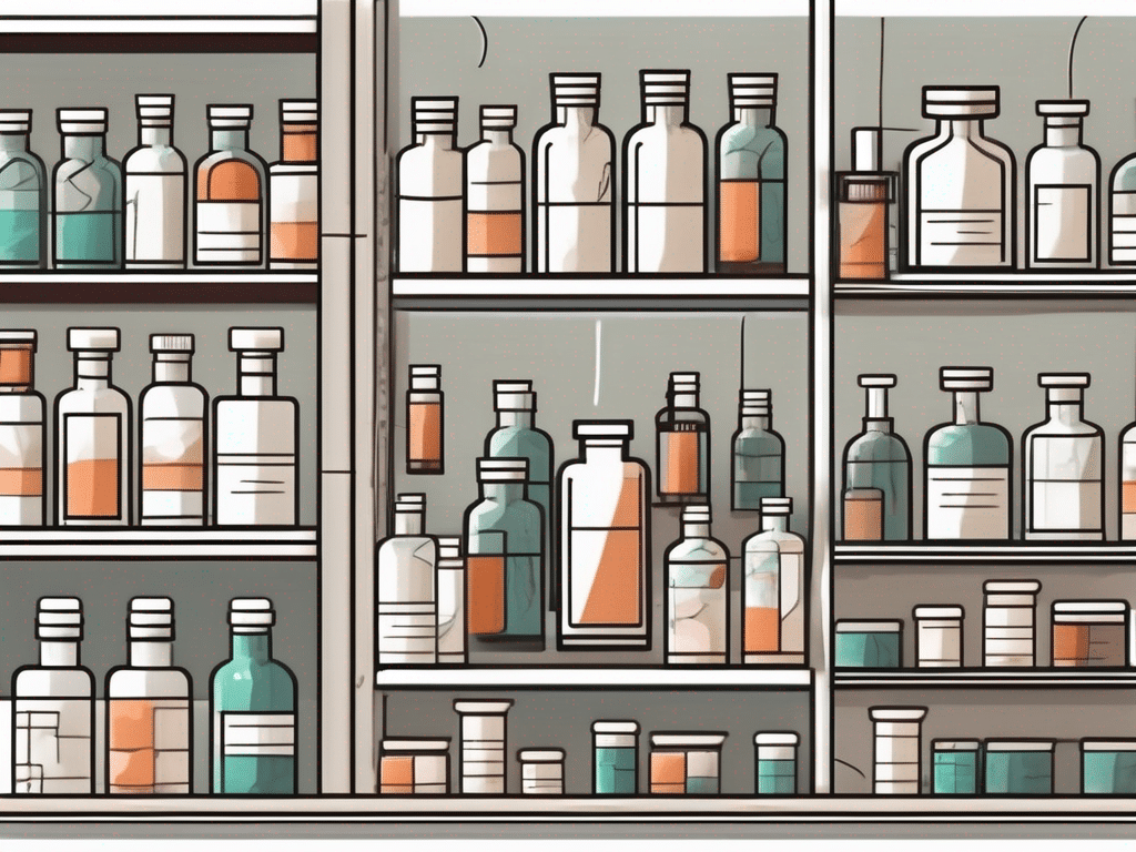 A well-organized pharmacy shelf displaying a variety of medicine bottles and boxes