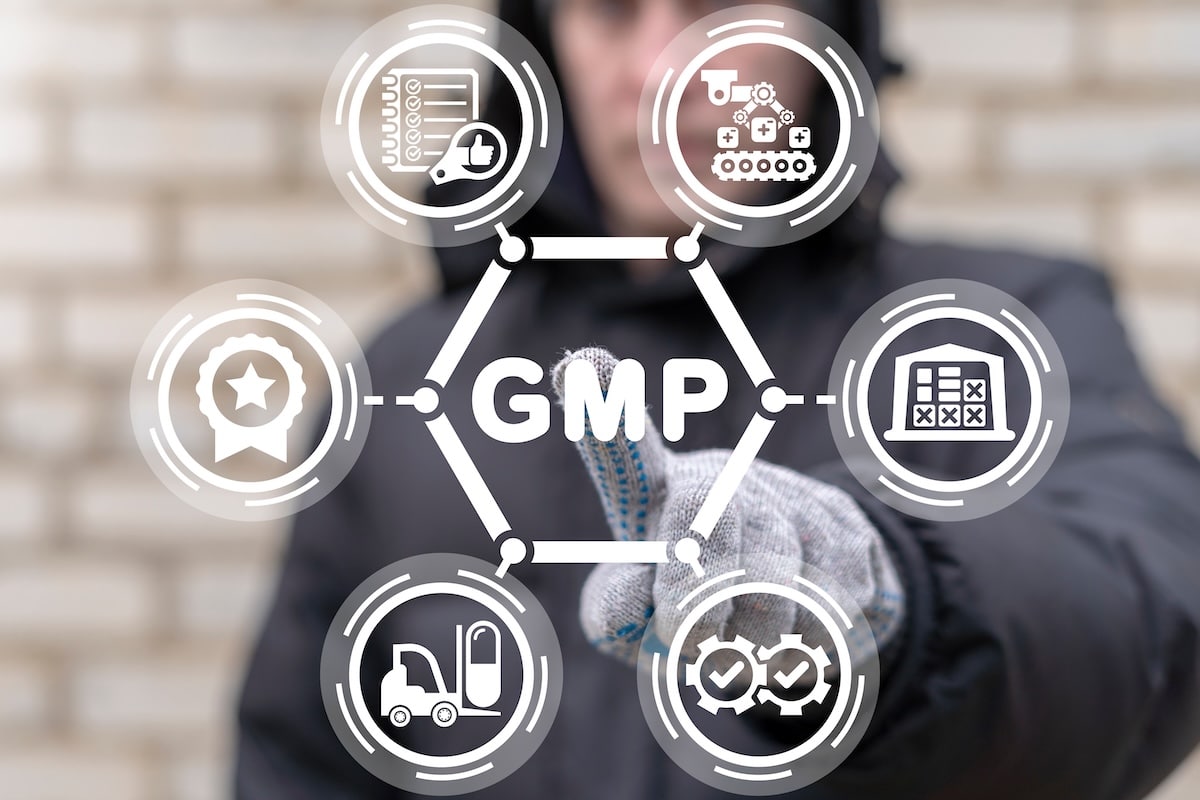 worker touching gmp good manufacturing practices graphic