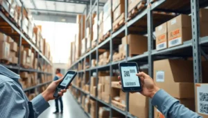 Workers scanning barcodes and QR codes on boxes in a well-lit, modern warehouse.