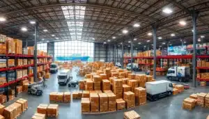 "Foreign Trade Zone warehouse bustling with workers and robots, showcasing global logistics efficiency."