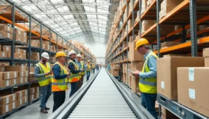 Workers in safety vests use handheld devices for case picking in a well-lit warehouse.