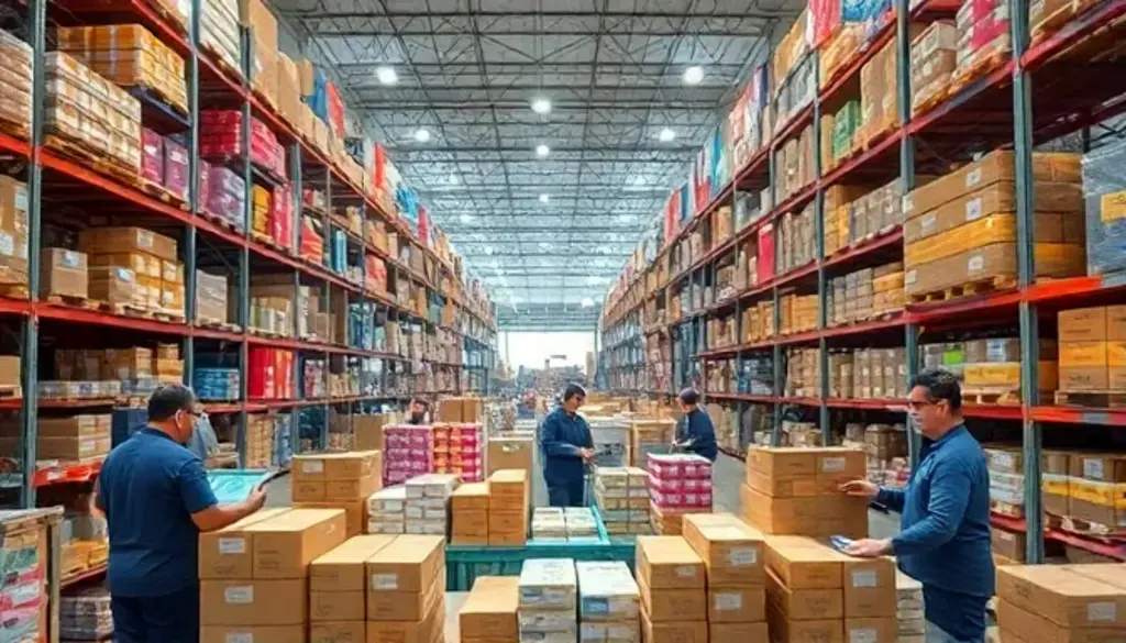 "International warehouse workers sort high-value imports, with automation adjusting storage for tariff-impacted goods."