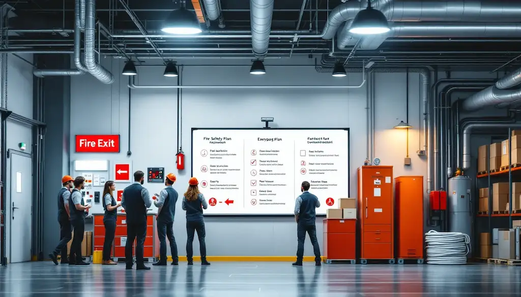 workers reviewing warehouse safety emergency plan