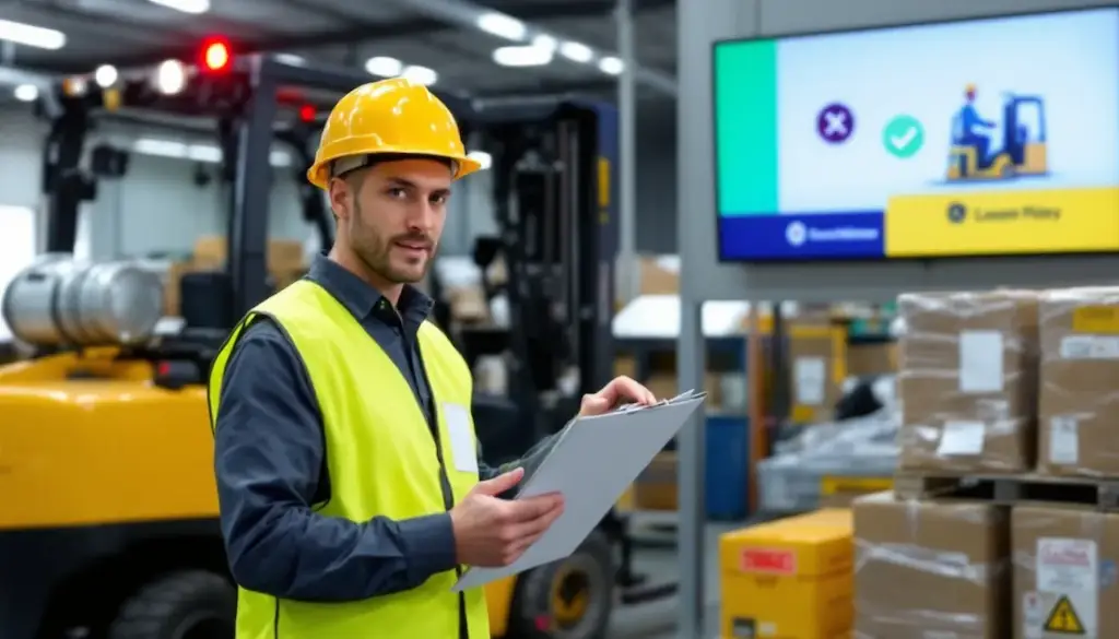 worker in ppe with warehouse safety manual