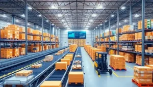 "Automated conveyor belts and robotic forklifts in a modern distribution warehouse."