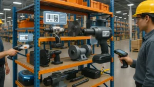 "Workers scanning tools with barcode labels in a modern, efficient tool tracking warehouse."