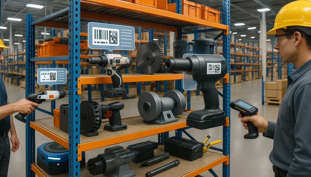 "Workers scanning tools with barcode labels in a modern, efficient tool tracking warehouse."