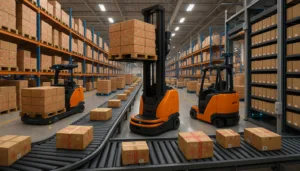 "Modern warehouse with robotic forklifts and automated systems managing inventory during the holiday season."