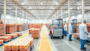 "Automated guided vehicles transport sealed containers in a modern, organized food grade warehouse."