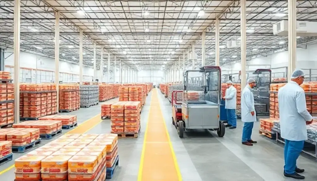 "Automated guided vehicles transport sealed containers in a modern, organized food grade warehouse."