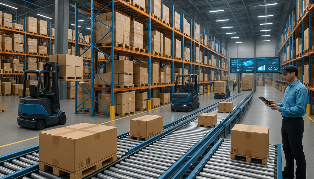 "Advanced warehouse with WMS ROI showcasing automated systems and workers managing inventory."
