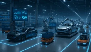 "Automotive assembly plant with logistics software managing robotic arms and AGVs under cool blue lighting."