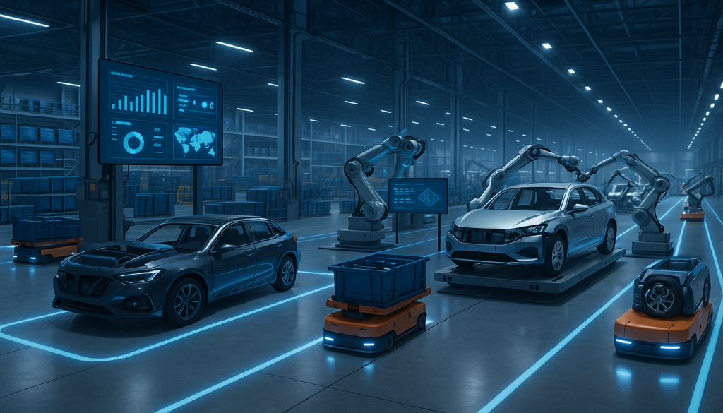 "Automotive assembly plant with logistics software managing robotic arms and AGVs under cool blue lighting."