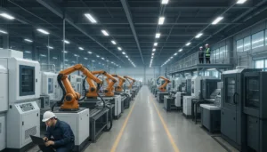 "Advanced machinery and robotic arms operate in a modern manufacturing facility, illustrating overhead costs."