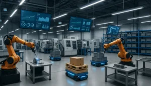"Robotic arms and autonomous robots in a high-tech, volatile manufacturing warehouse with IoT analytics."