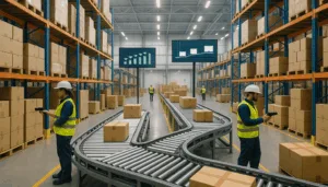 "Workers using recall management software to track products in a modern warehouse."