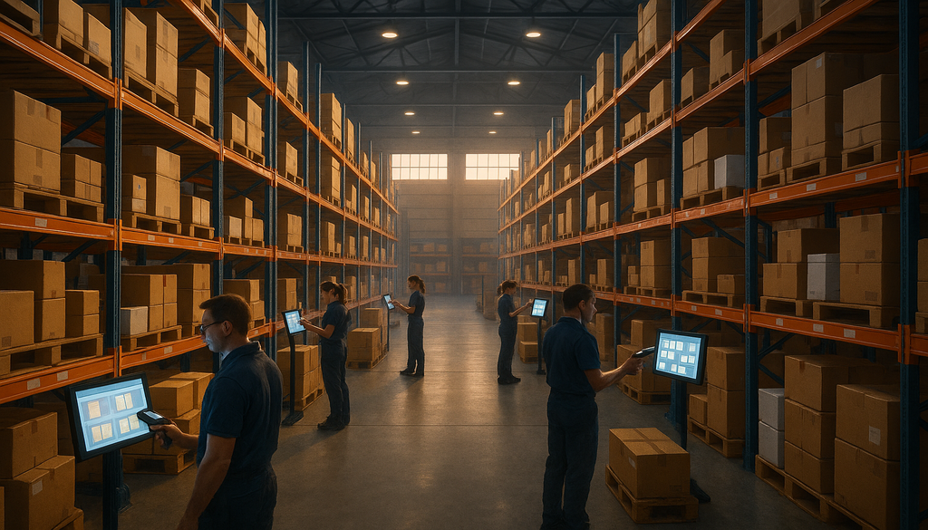 "Workers using handheld scanners in a well-organized warehouse, showcasing modern inventory formula techniques."