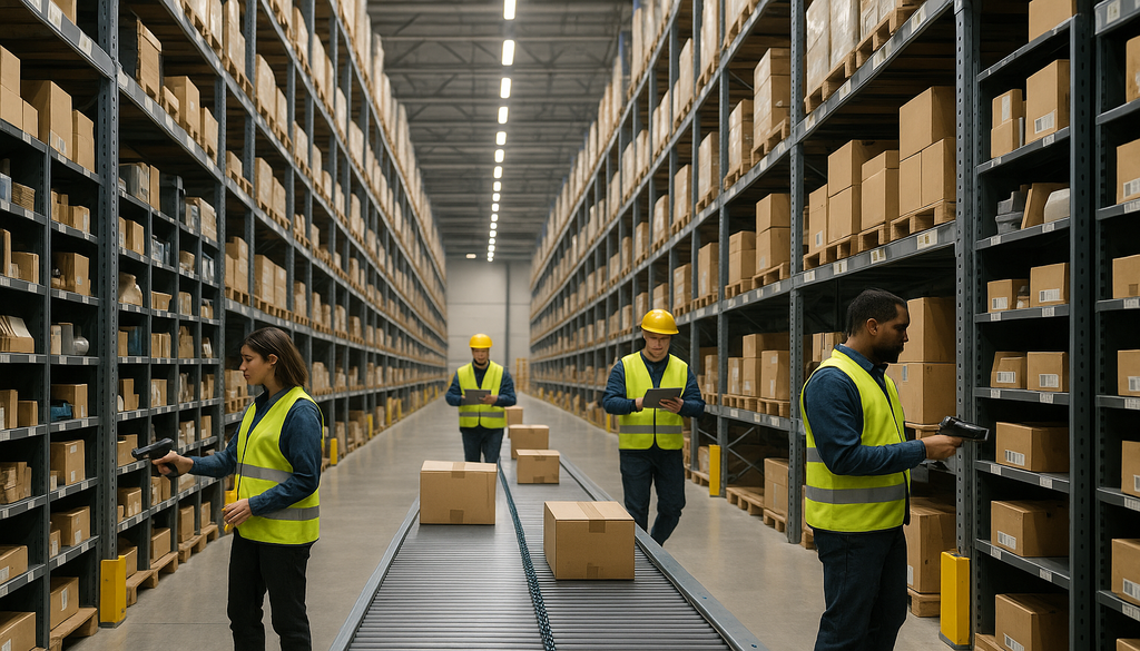 "Modern warehouse with workers scanning SKUs and automated conveyor system."