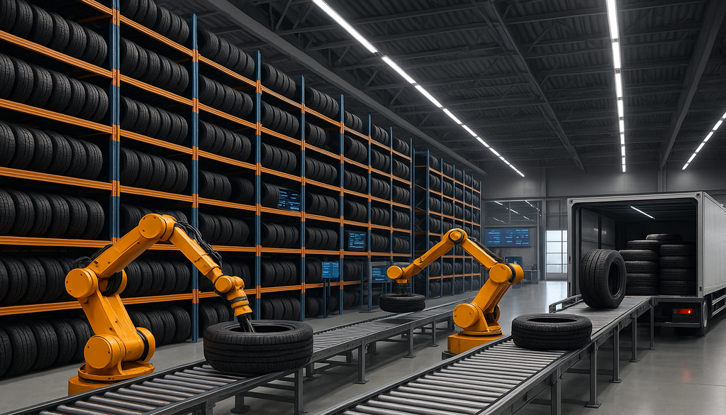 "Modern tire distribution warehouse with robotic arms and trucks loading under bright LED lighting."