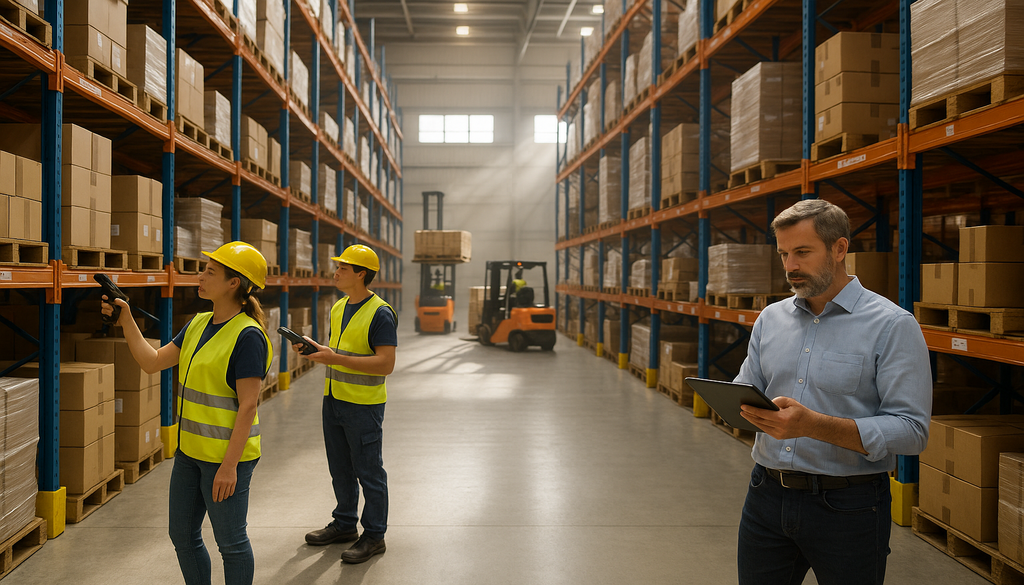 "Workers scan inventory in a modern warehouse, supervisor reviews business profit margin data on a tablet."