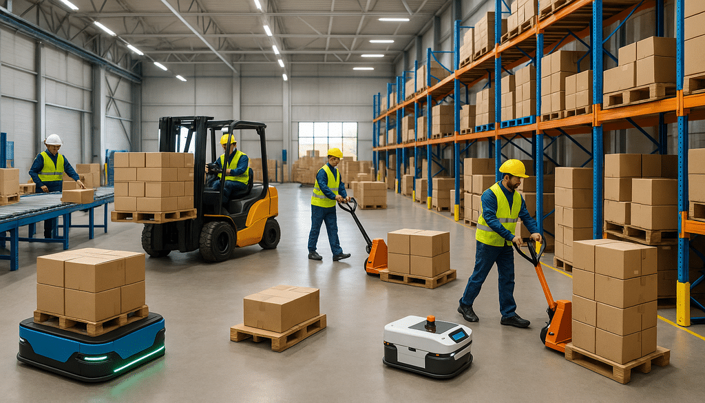 Warehouse with forklifts, conveyors, pallet jacks, and robots for material handling