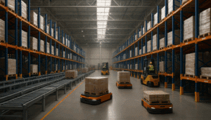 "Wide view of modern warehouse with automated conveyors and mobile robots handling materials."