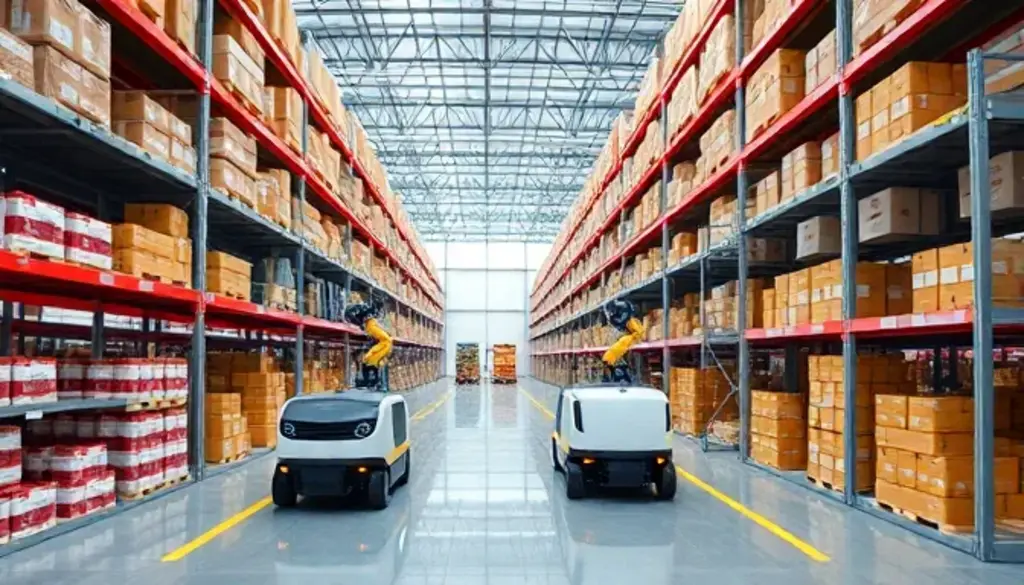 Automated robots navigating warehouse aisles with shelved inventory in modern 3PL facility