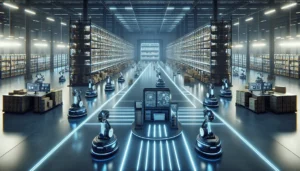 Futuristic automated warehouse with robotic picking systems and digital control stations