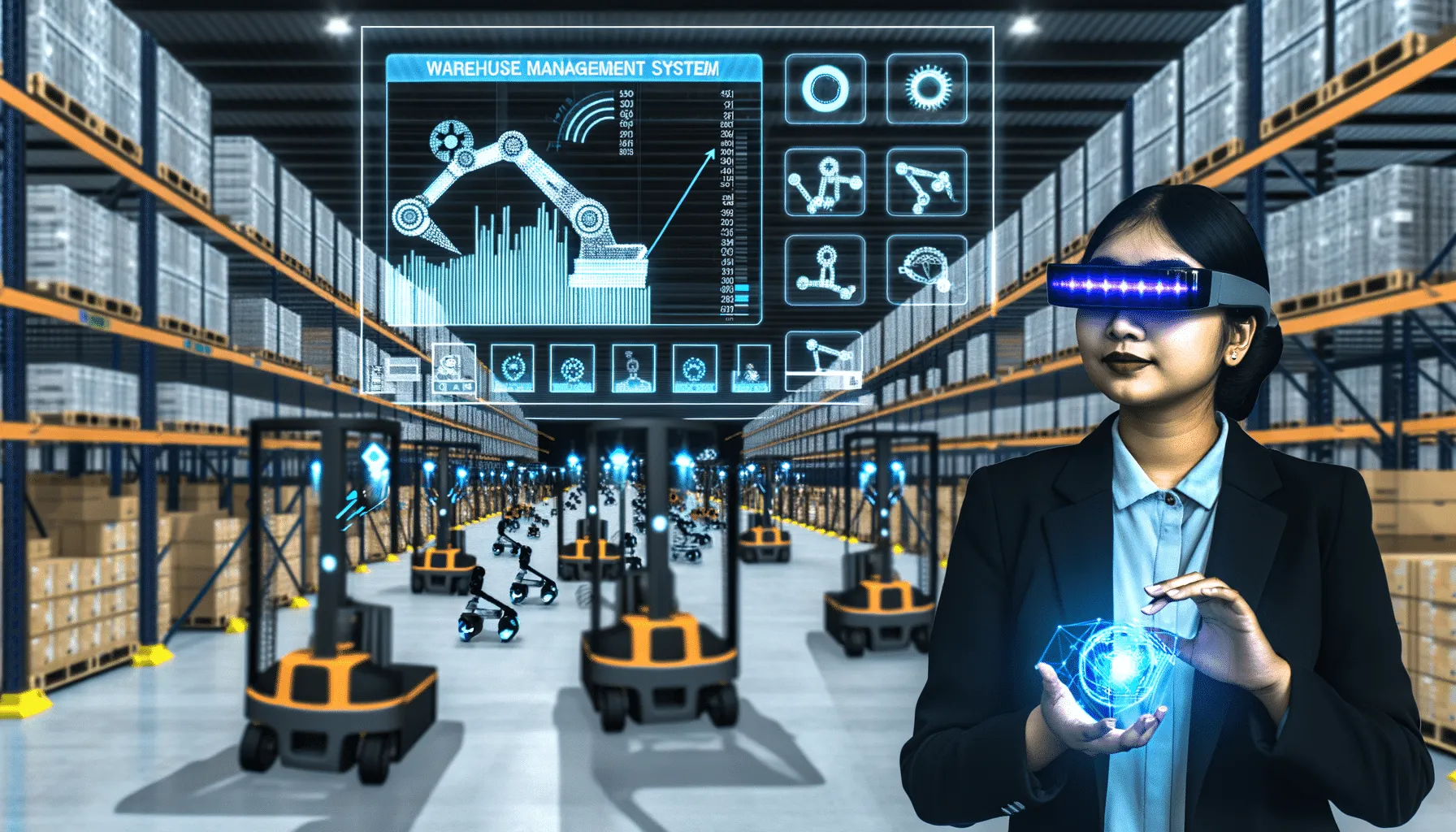 Woman using AR technology to manage automated warehouse robots and picking systems
