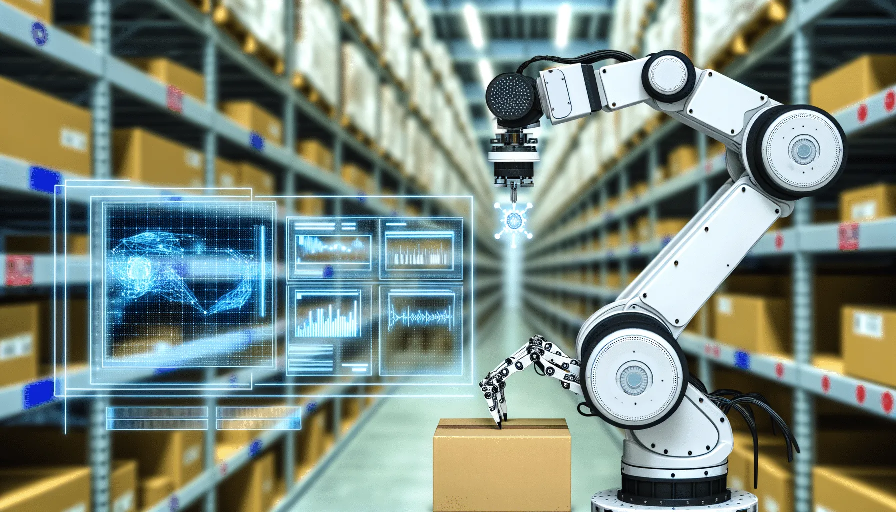 Robotic arm with holographic interface automating package picking in modern warehouse facility