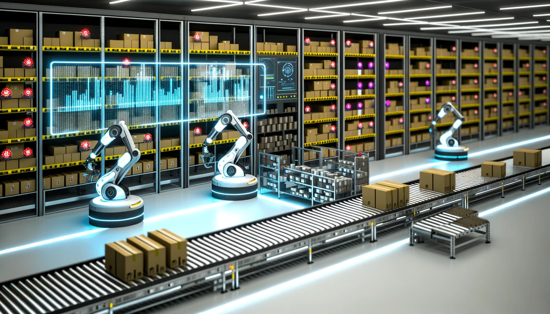 Automated warehouse with robotic arms picking packages on conveyor belt system