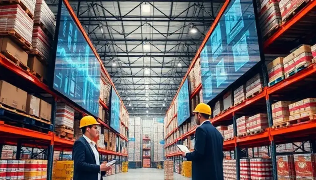 Two professionals with hard hats using digital technology in modern 3PL warehouse facility