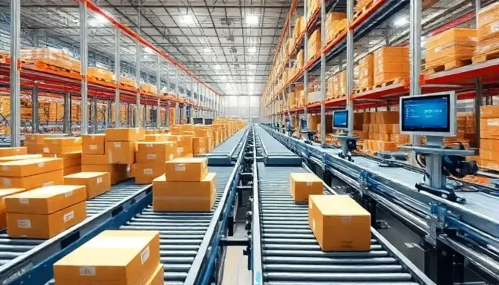 Modern automated warehouse conveyor system sorting packages with robotic technology and digital monitors
