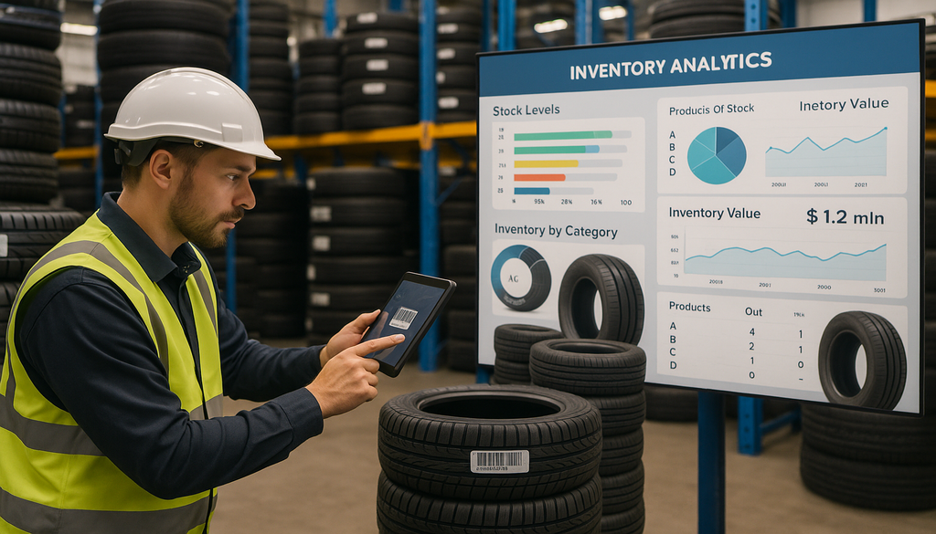 Warehouse worker using digital tablet for tire inventory management with analytics dashboard display