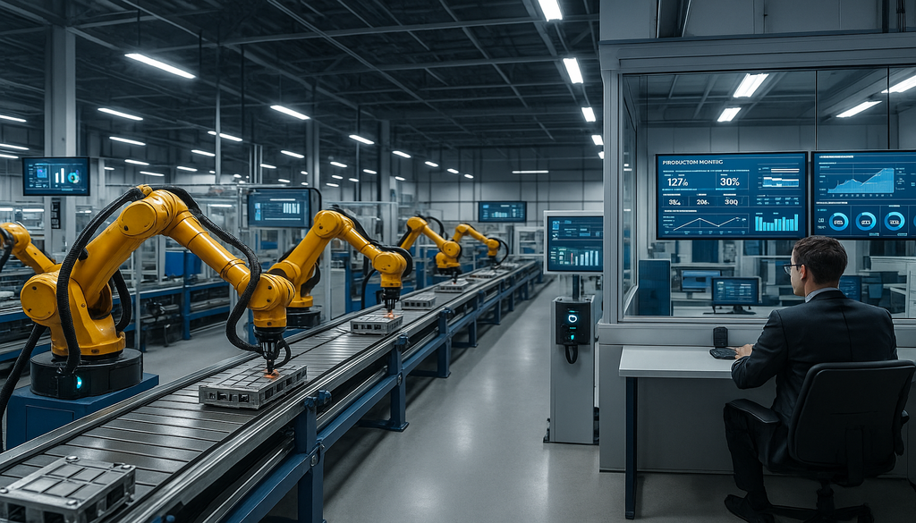 Automated manufacturing facility with robotic arms and digital monitoring dashboards streamlining production lines