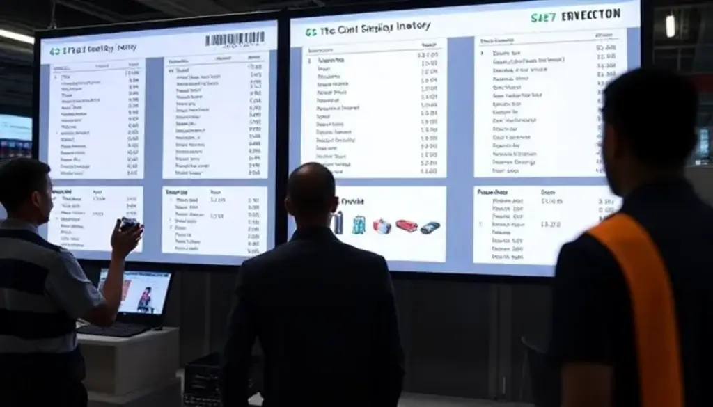 People viewing digital inventory management screens displaying barcode data and product tracking information