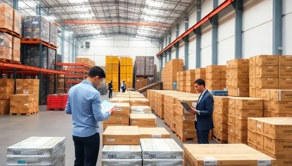 Two businessmen conducting inventory audit in large warehouse with stacked shipping boxes